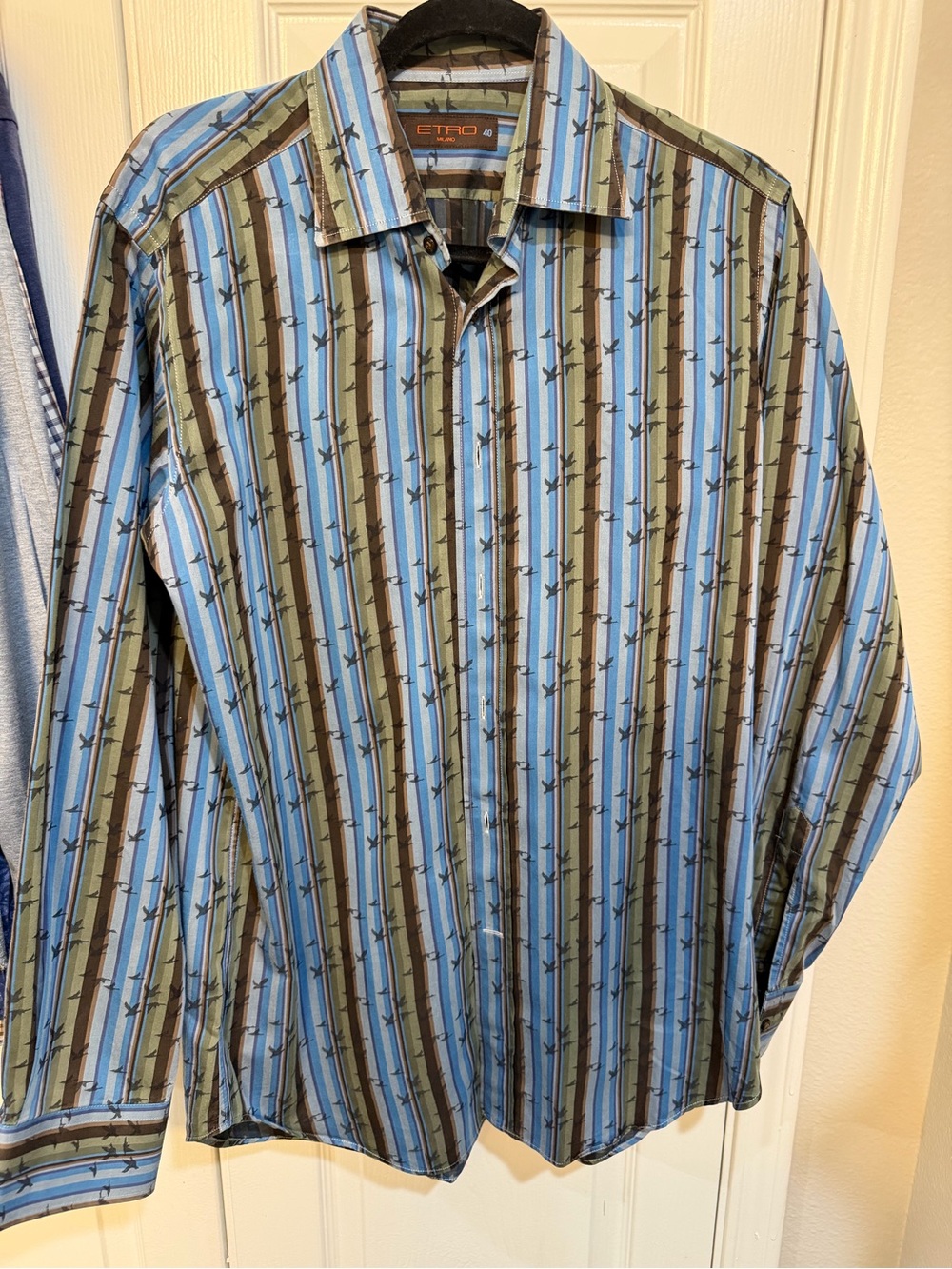 ETRO Milano Made in Italy Blue Striped Bird Print 100% Cotton Luxury Dress Shirt